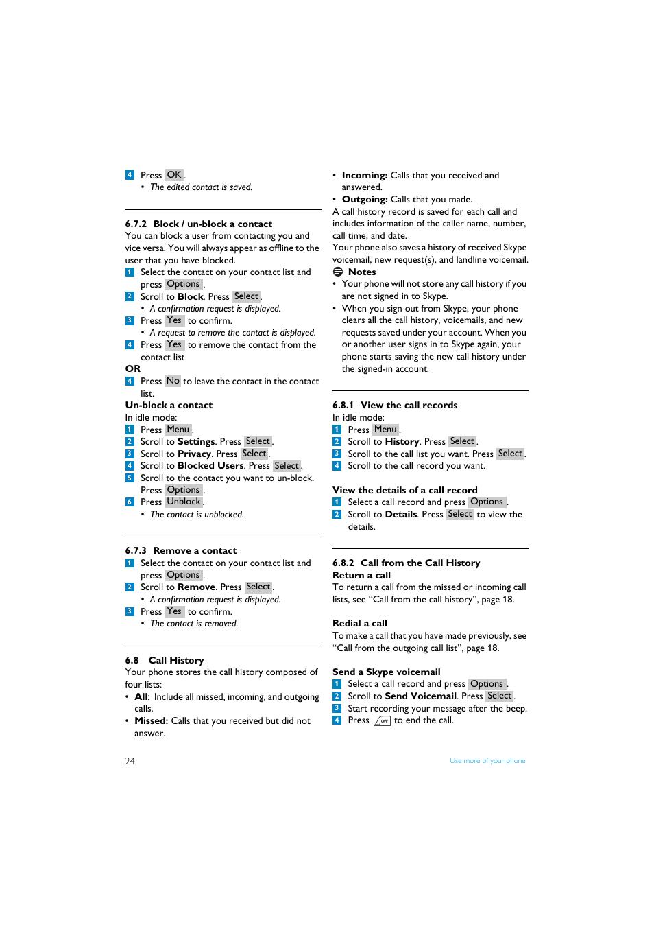 2 block / un-block a contact, 3 remove a contact, 8 call history | 1 view the call records, 2 call from the call history, Call history | Philips Internet-DECT phone VOIP8411B User Manual | Page 26 / 50