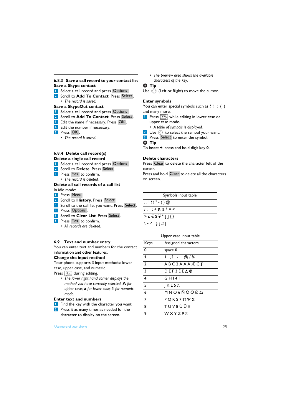 3 save a call record to your contact list, 4 delete call record(s), 9 text and number entry | Text and number entry | Philips Internet-DECT phone VOIP8411B User Manual | Page 27 / 50