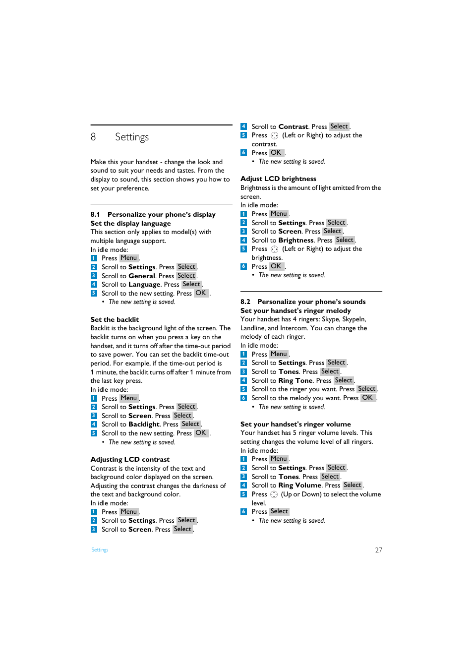 8 settings, 1 personalize your phone’s display, 2 personalize your phone’s sounds | Settings 27, Personalize your phone’s display, Personalize your phone’s sounds, 8settings | Philips Internet-DECT phone VOIP8411B User Manual | Page 29 / 50