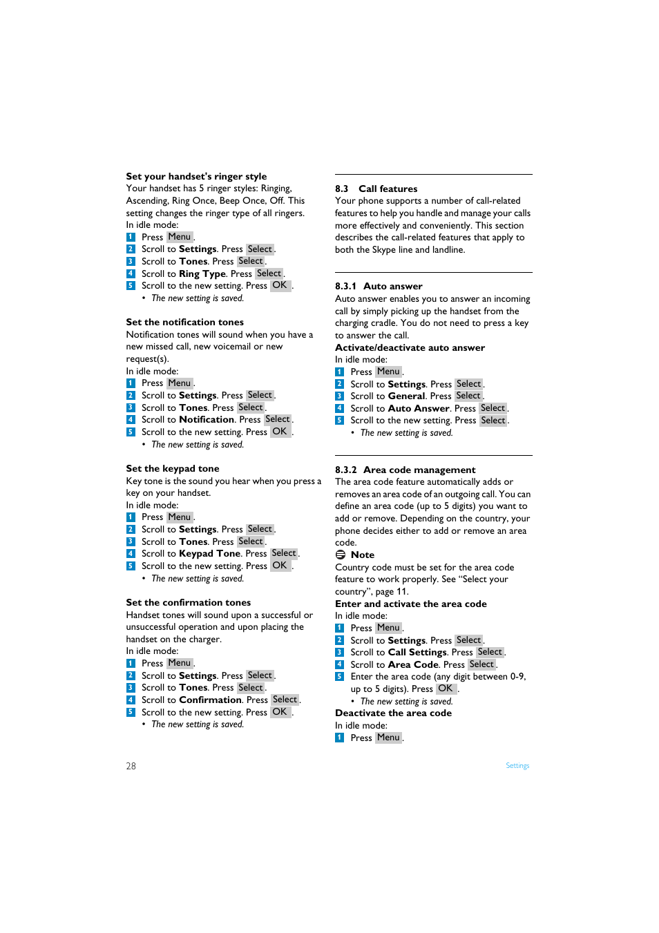 3 call features, 1 auto answer, 2 area code management | Call features | Philips Internet-DECT phone VOIP8411B User Manual | Page 30 / 50