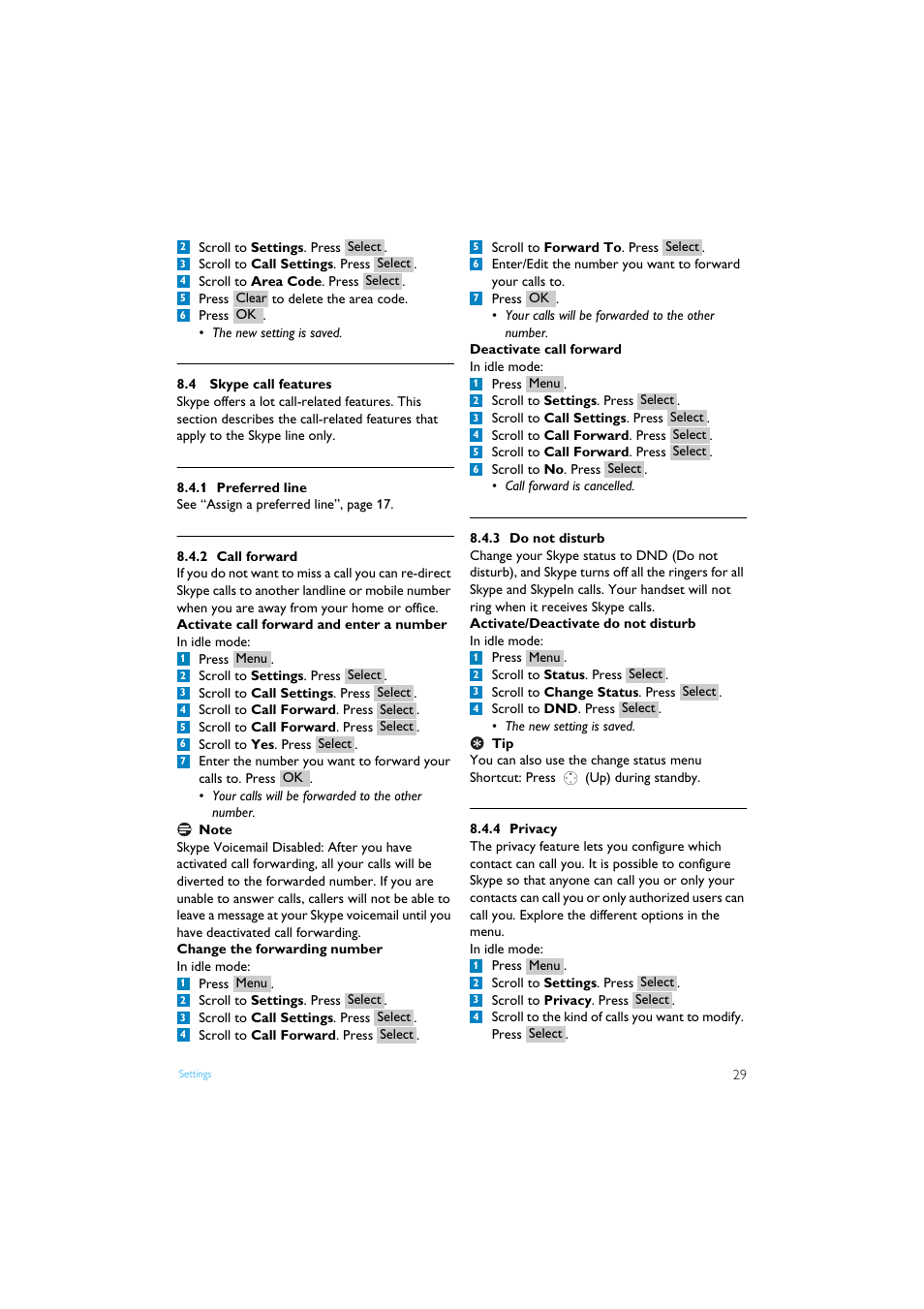 4 skype call features, 1 preferred line, 2 call forward | 3 do not disturb, 4 privacy, Skype call features | Philips Internet-DECT phone VOIP8411B User Manual | Page 31 / 50