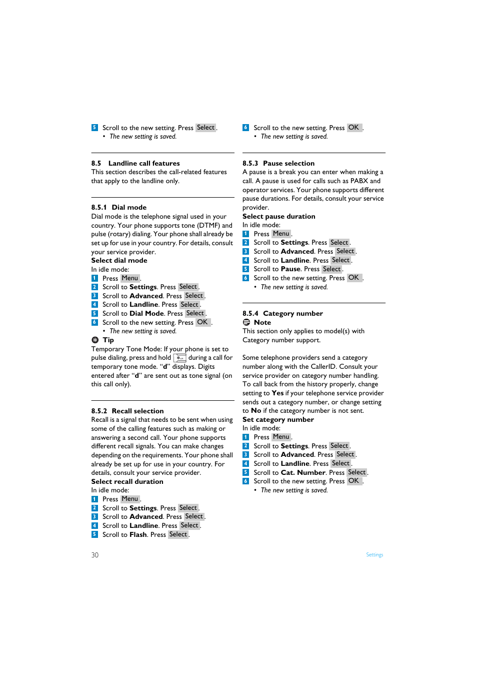 5 landline call features, 1 dial mode, 2 recall selection | 3 pause selection, 4 category number, Landline call features | Philips Internet-DECT phone VOIP8411B User Manual | Page 32 / 50