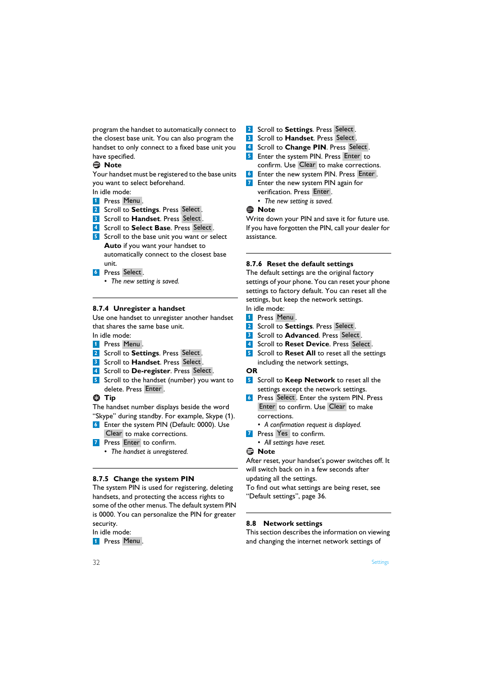 4 unregister a handset, 5 change the system pin, 6 reset the default settings | 8 network settings, Network settings | Philips Internet-DECT phone VOIP8411B User Manual | Page 34 / 50