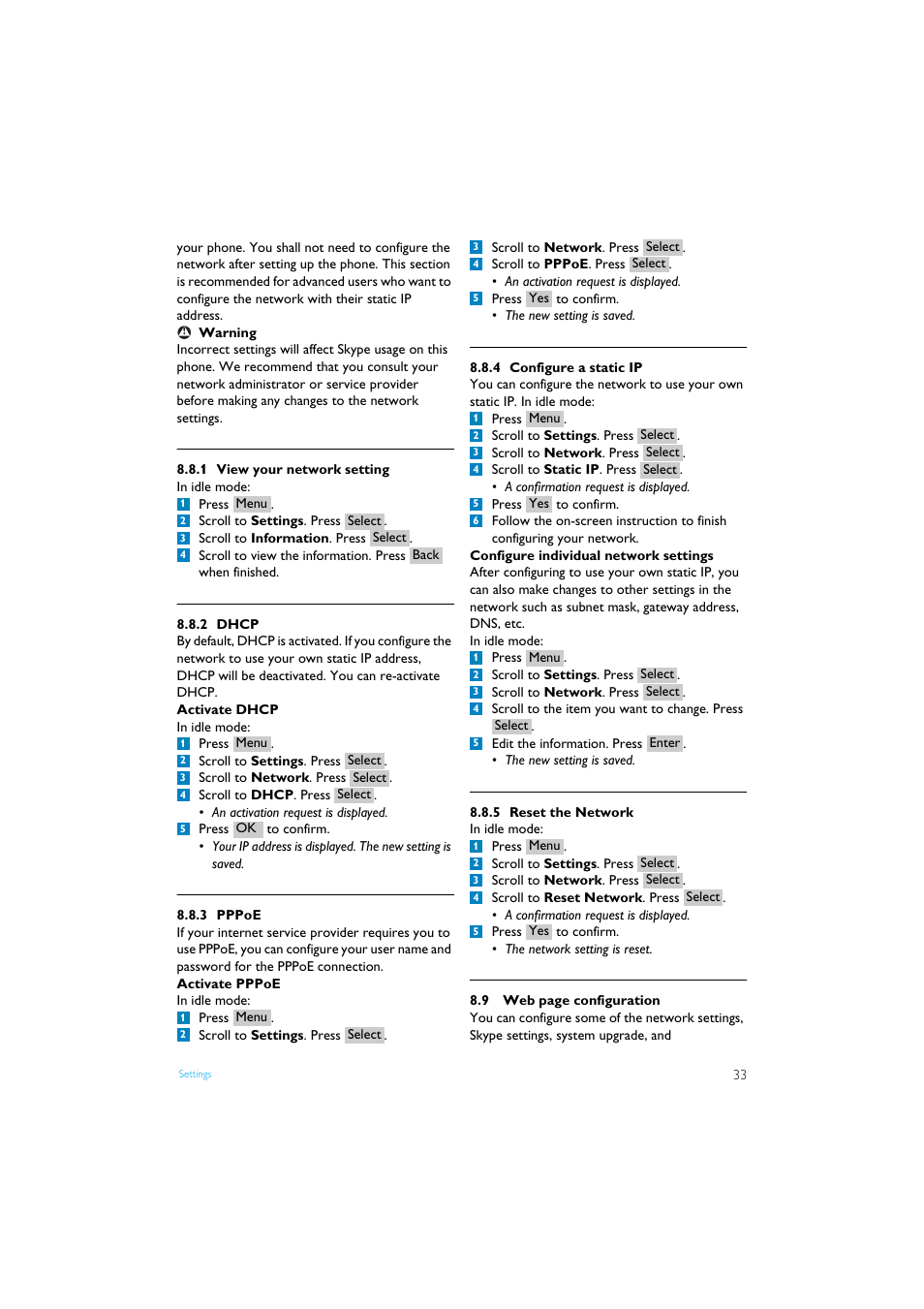 1 view your network setting, 2 dhcp, 3 pppoe | 4 configure a static ip, 5 reset the network | Philips Internet-DECT phone VOIP8411B User Manual | Page 35 / 50