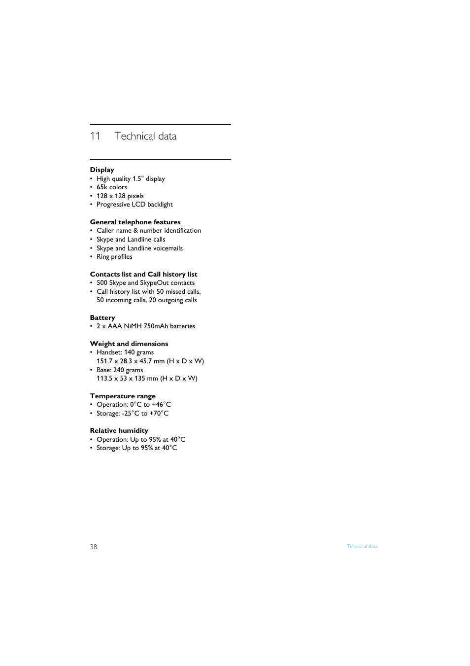 11 technical data, Technical data | Philips Internet-DECT phone VOIP8411B User Manual | Page 40 / 50