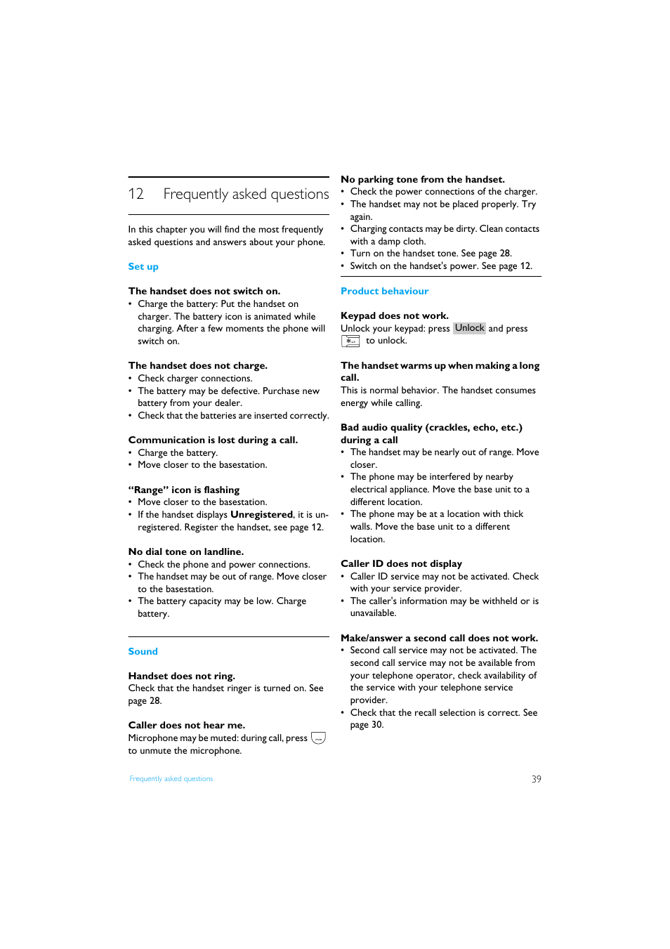 12 frequently asked questions, Frequently asked questions | Philips Internet-DECT phone VOIP8411B User Manual | Page 41 / 50