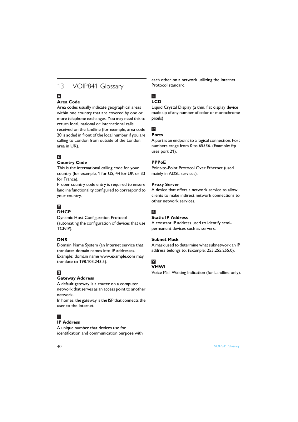 13 voip841 glossary, Voip841 glossary | Philips Internet-DECT phone VOIP8411B User Manual | Page 42 / 50