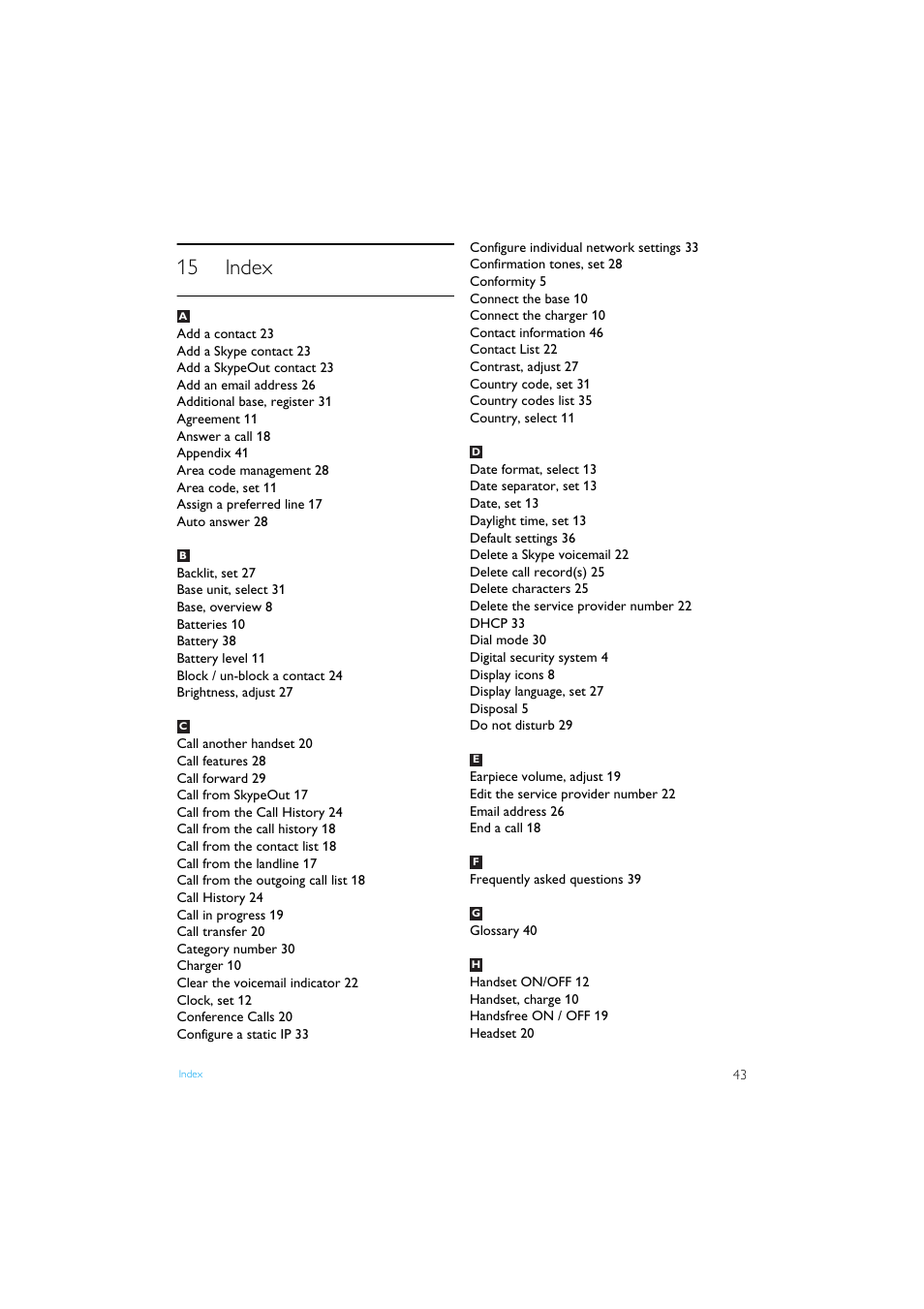 15 index, Index 43 | Philips Internet-DECT phone VOIP8411B User Manual | Page 45 / 50