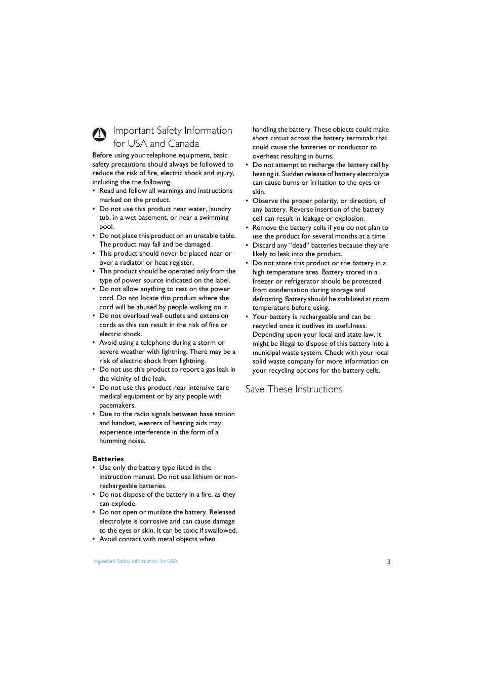 Important safety information for usa and canada, Important safety information for usa and canada 3, Save these instructions | Philips Internet-DECT phone VOIP8411B User Manual | Page 5 / 50