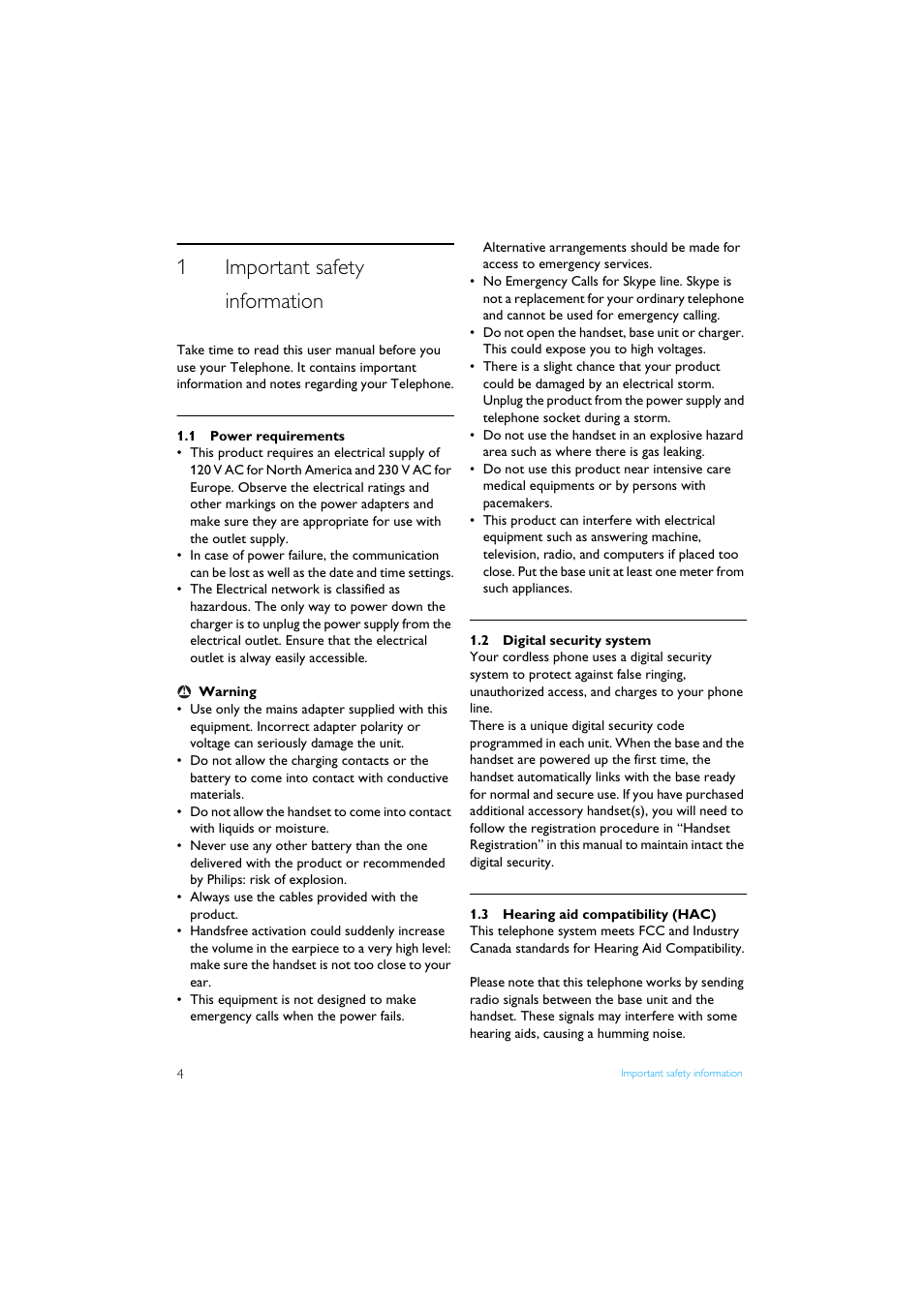 1 important safety information, 1 power requirements, 2 digital security system | 3 hearing aid compatibility (hac), Important safety information, Power requirements, Digital security system, Hearing aid compatibility (hac), 1important safety information | Philips Internet-DECT phone VOIP8411B User Manual | Page 6 / 50