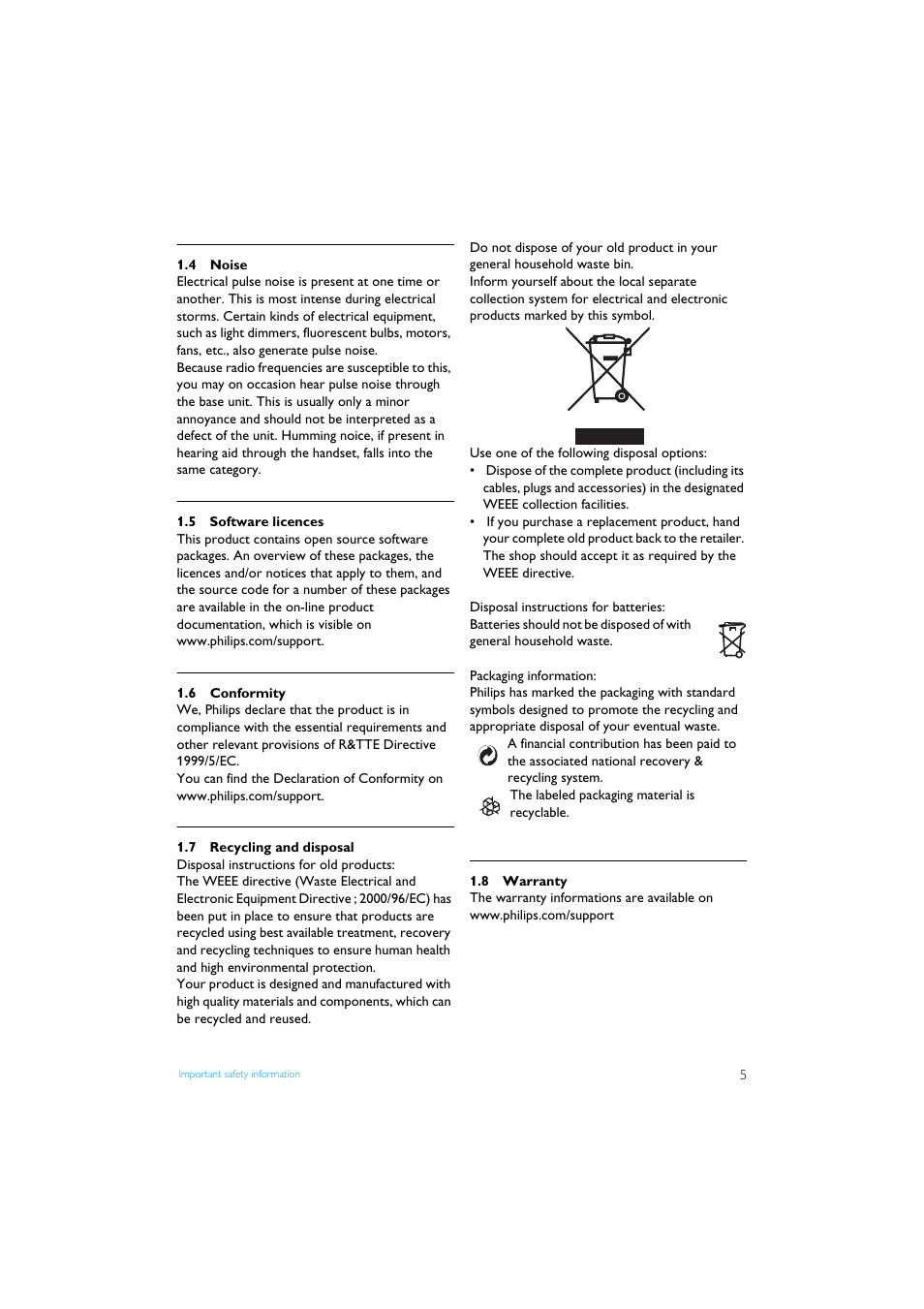 4 noise, 5 software licences, 6 conformity | 7 recycling and disposal, 8 warranty, Noise 5, Software licences, Conformity 5, Recycling and disposal | Philips Internet-DECT phone VOIP8411B User Manual | Page 7 / 50