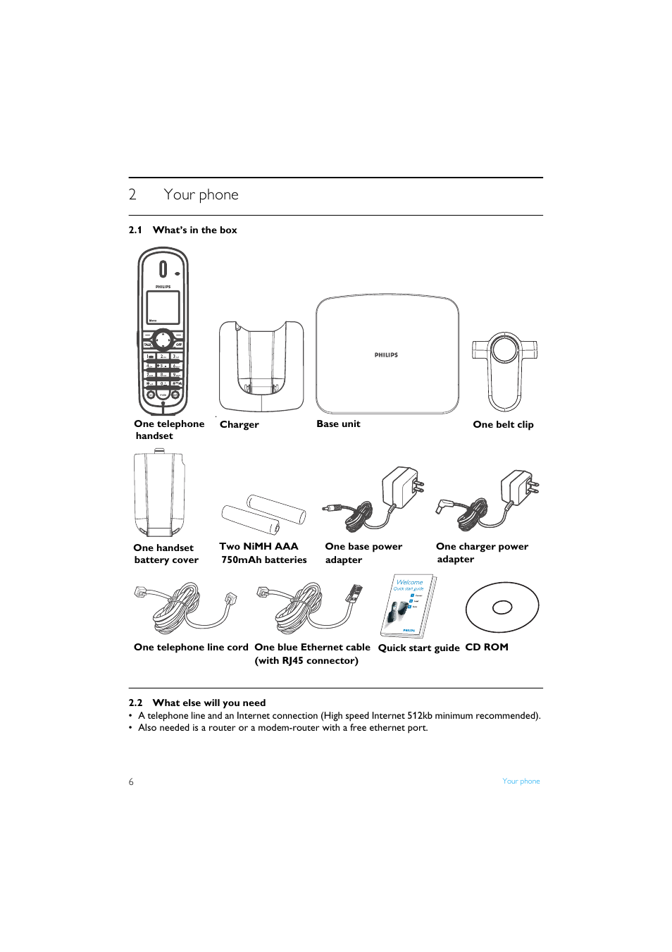 2 your phone, 1 what’s in the box, 2 what else will you need | Your phone, What’s in the box, What else will you need, 2your phone | Philips Internet-DECT phone VOIP8411B User Manual | Page 8 / 50