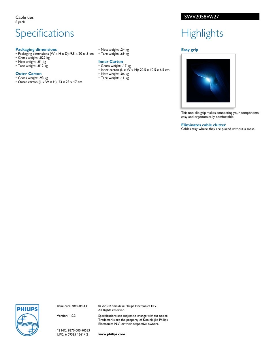 Specifications, Highlights | Philips SWV2058W-27 User Manual | Page 2 / 2