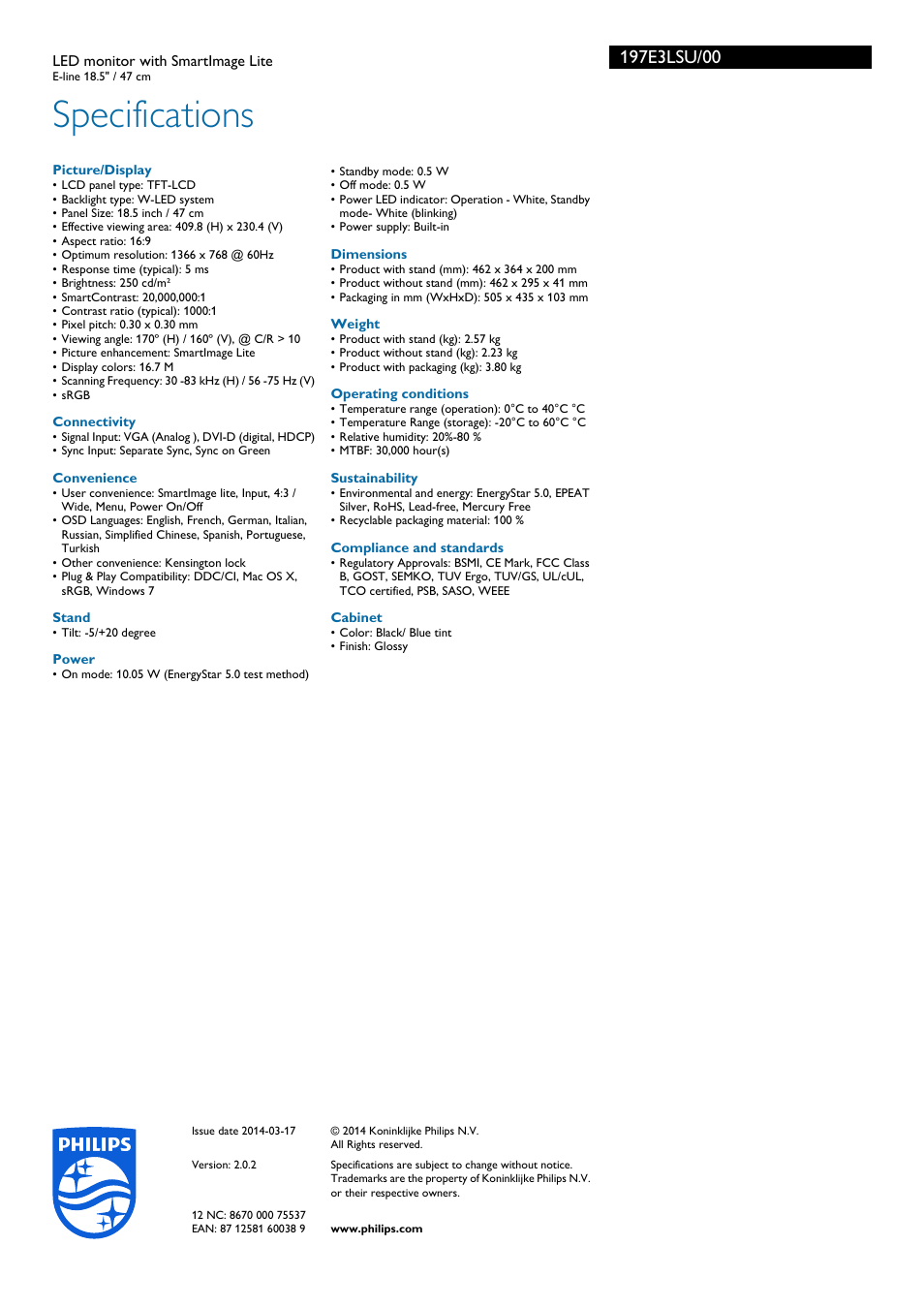 Specifications | Philips 197E3LSU-00 User Manual | Page 3 / 3