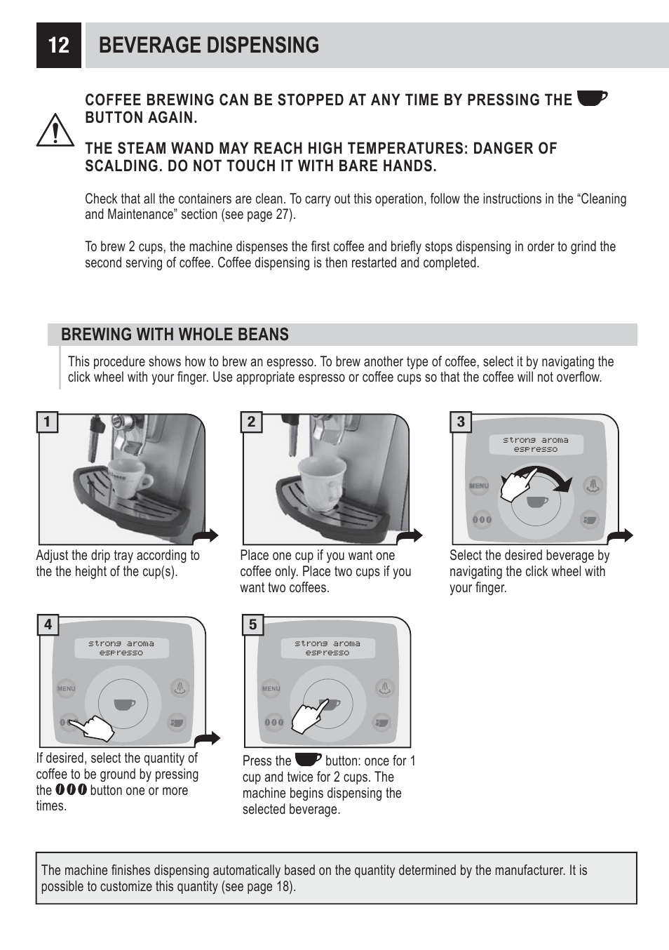 Beverage dispensing, Brewing with whole beans | Philips 10002865 User Manual | Page 14 / 36