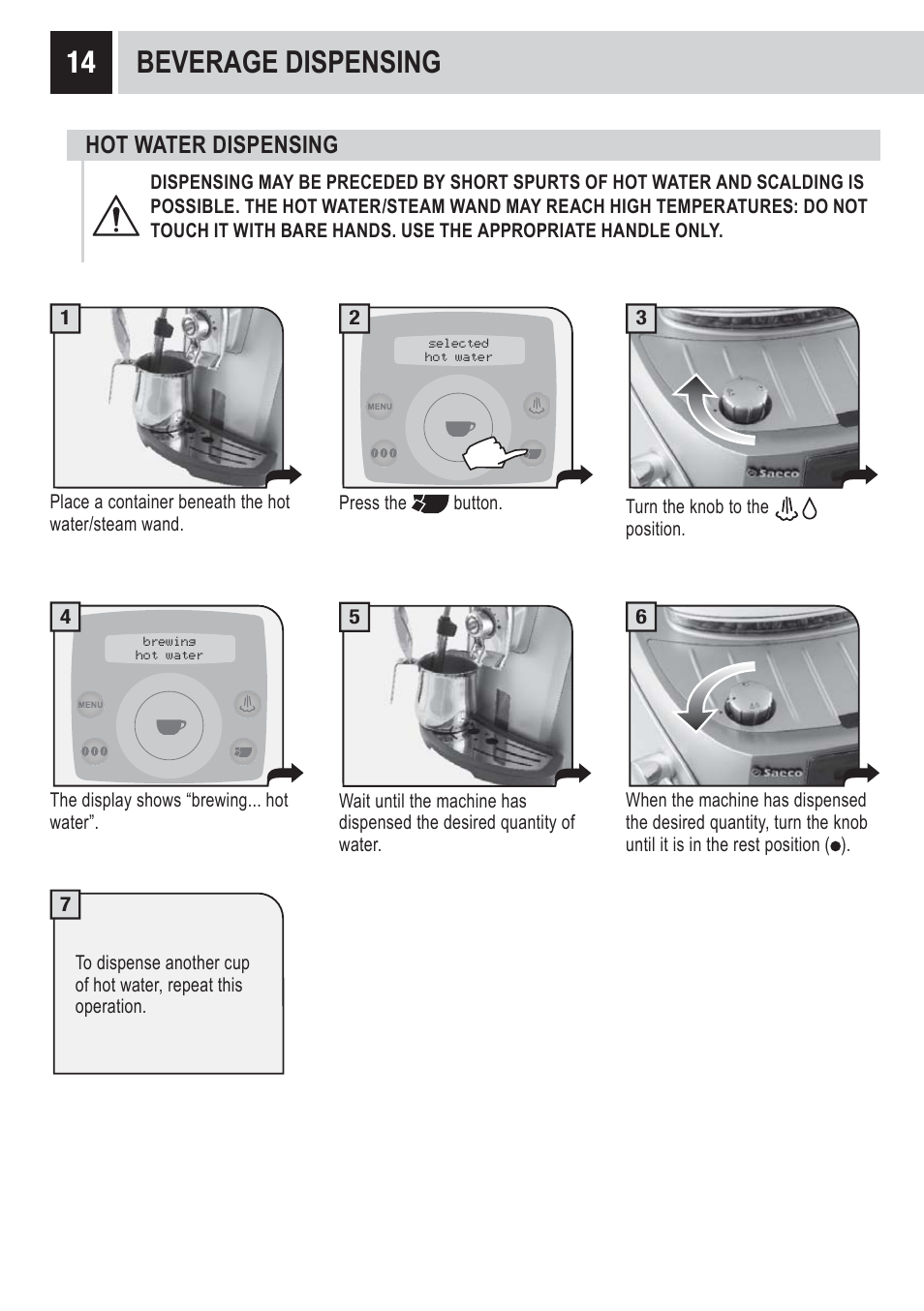 Beverage dispensing, Hot water dispensing | Philips 10002865 User Manual | Page 16 / 36