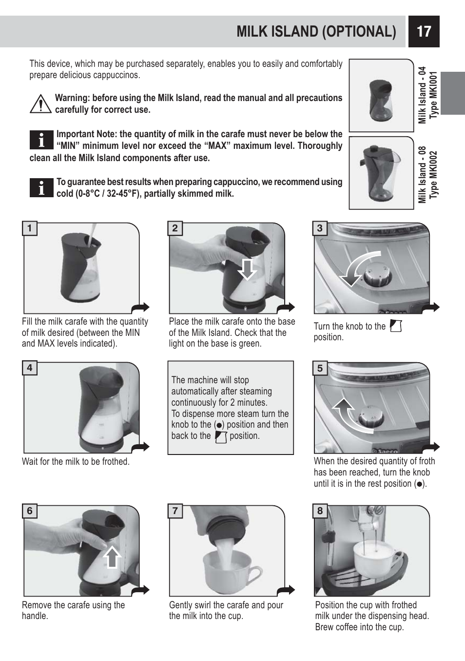 Milk island (optional) | Philips 10002865 User Manual | Page 19 / 36