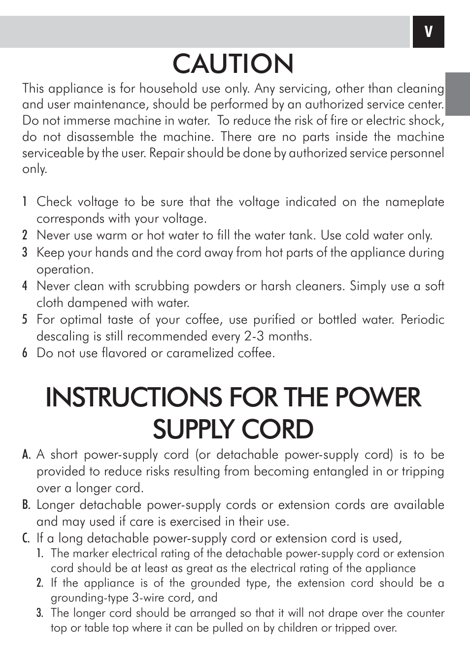 Caution, Instructions for the power supply cord | Philips 10002865 User Manual | Page 3 / 36