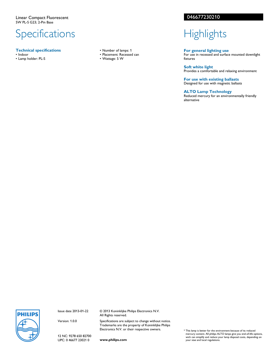 Specifications, Highlights | Philips 046677230210 User Manual | Page 2 / 2