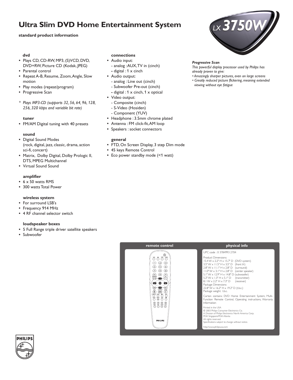 3750w, Ultra slim dvd home entertainment system | Philips LX3750W-37 User Manual | Page 2 / 2