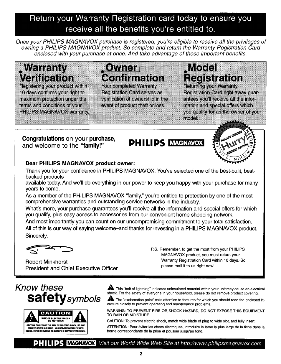 Warranty verification, Confirmation, Model registration | Philips, Know these ssiioty symbols | Philips PS1944C User Manual | Page 2 / 16