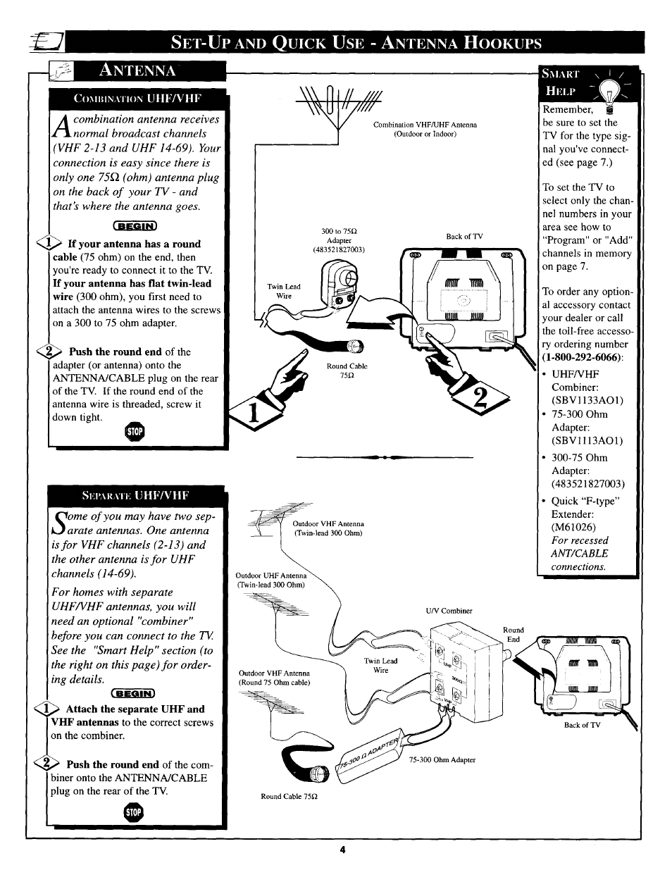 Push the round end of the, Uick, Ntenna | Ookups | Philips PS1944C User Manual | Page 4 / 16