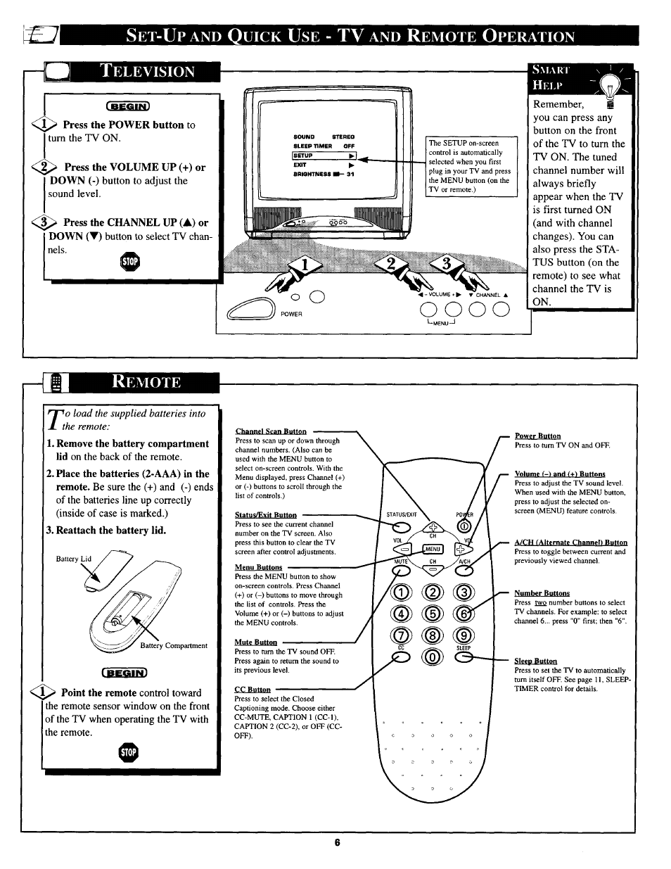 Press the power button to, Es9i9hqb, Remove the battery compartment | Reattach the battery lid, O o o o, Uick, Emote, Peration | Philips PS1944C User Manual | Page 6 / 16