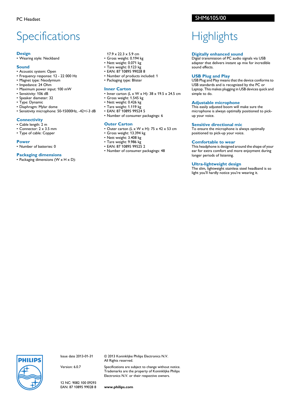 Specifications, Highlights | Philips SHM6105-00 User Manual | Page 2 / 2