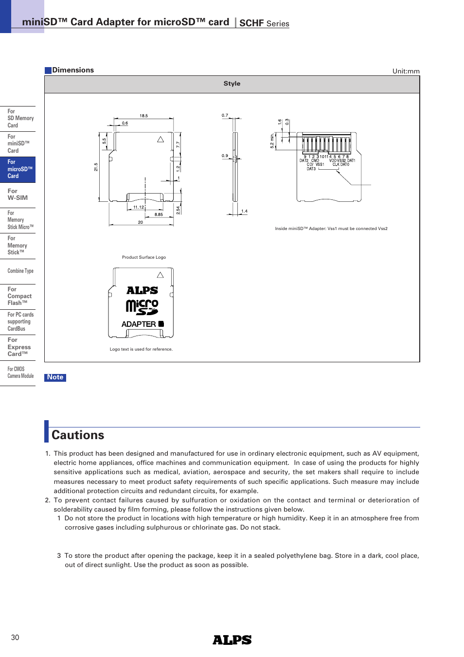 Dimensions, Caution, Cautions | Minisd™ card adapter for microsd™ card, Schf, Series | Alps Electric miniSD SCHF Series User Manual | Page 2 / 2