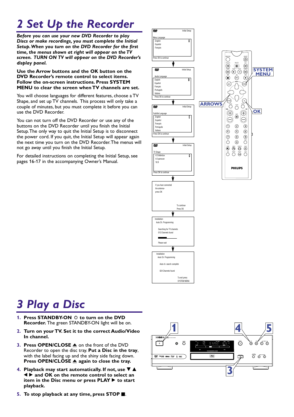 3 play a disc, 2 set up the recorder, Ok arrows system menu | Philips DVDR985A99 User Manual | Page 2 / 4