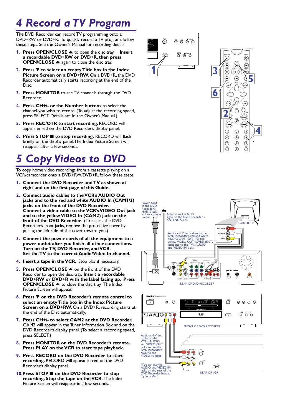 5 copy videos to dvd, 4 record a tv program, Left audio in right audio in | Video in, Audio dv s-video video l r | Philips DVDR985A99 User Manual | Page 3 / 4