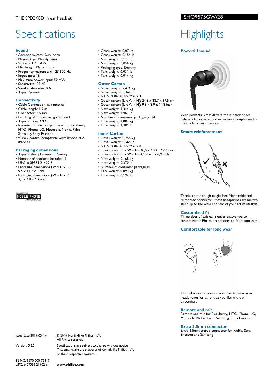 Specifications, Highlights | Philips SHO9575GW-28 User Manual | Page 2 / 2