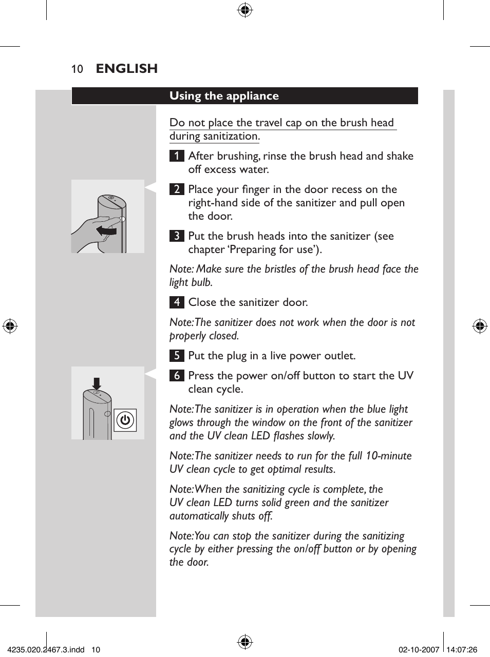 Philips Sonicare UV Brush Head Sanitizer HX7990 User Manual | Page 10 / 16