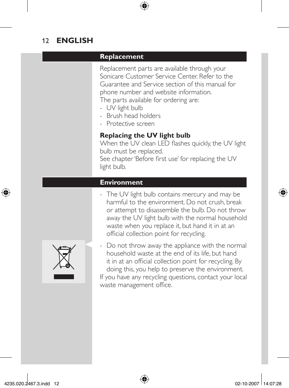 Philips Sonicare UV Brush Head Sanitizer HX7990 User Manual | Page 12 / 16