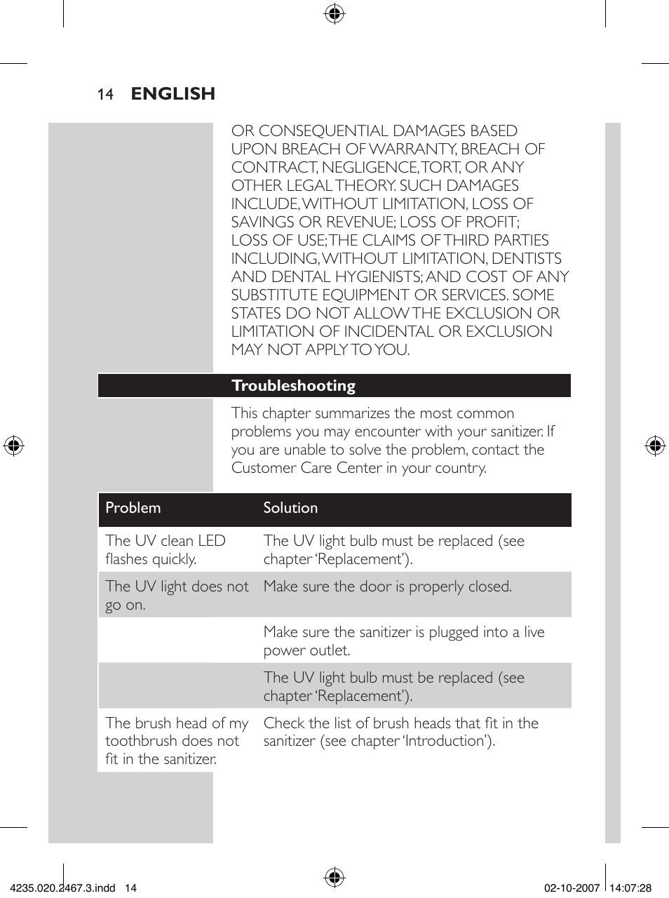 Philips Sonicare UV Brush Head Sanitizer HX7990 User Manual | Page 14 / 16