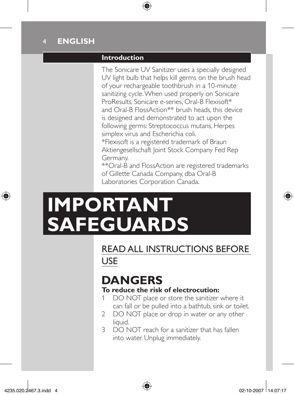 Important safeguards, Dangers, Read all instructions before use | Philips Sonicare UV Brush Head Sanitizer HX7990 User Manual | Page 4 / 16