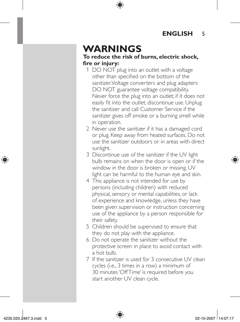 Warnings | Philips Sonicare UV Brush Head Sanitizer HX7990 User Manual | Page 5 / 16