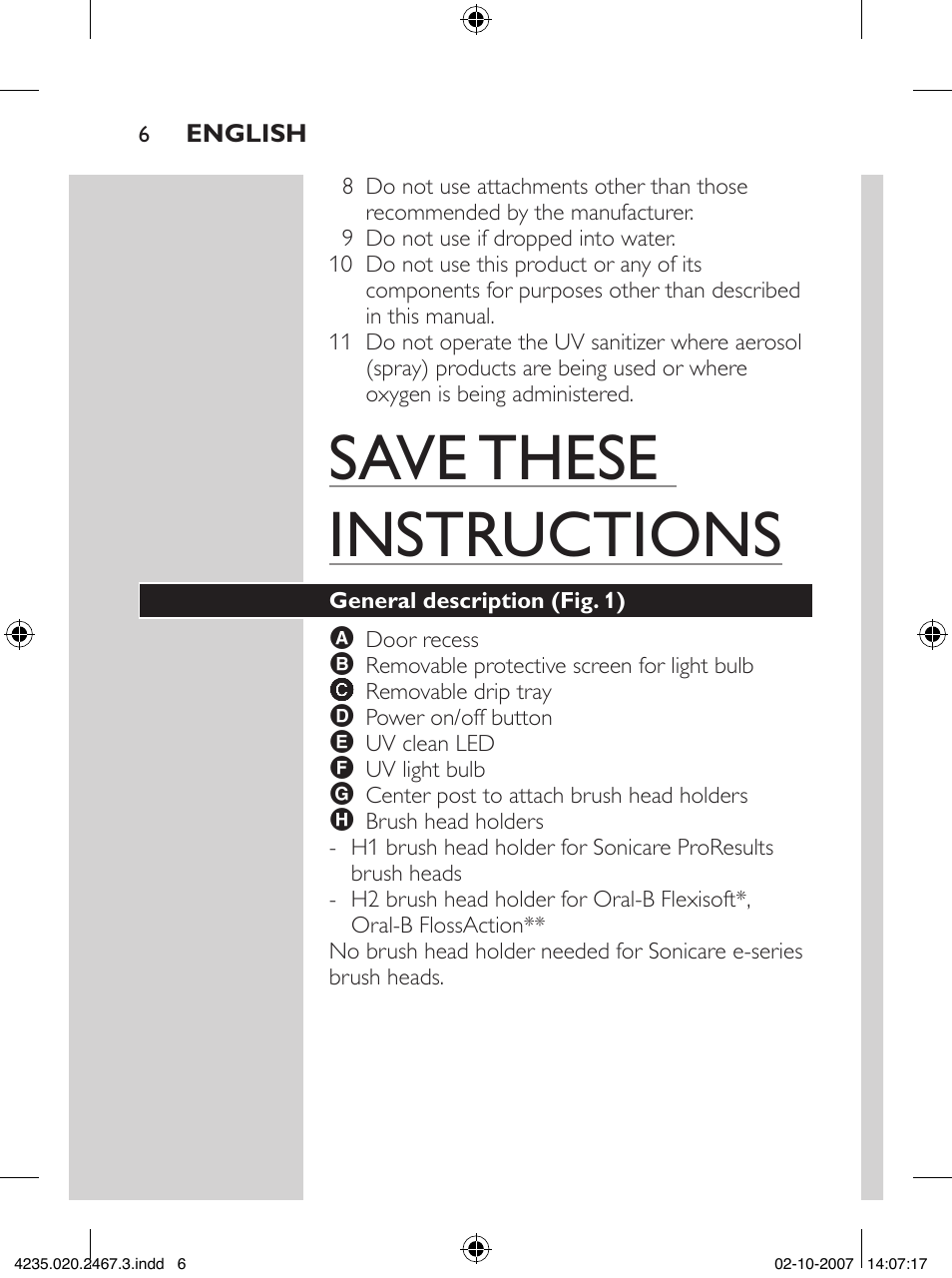 Save these instructions | Philips Sonicare UV Brush Head Sanitizer HX7990 User Manual | Page 6 / 16