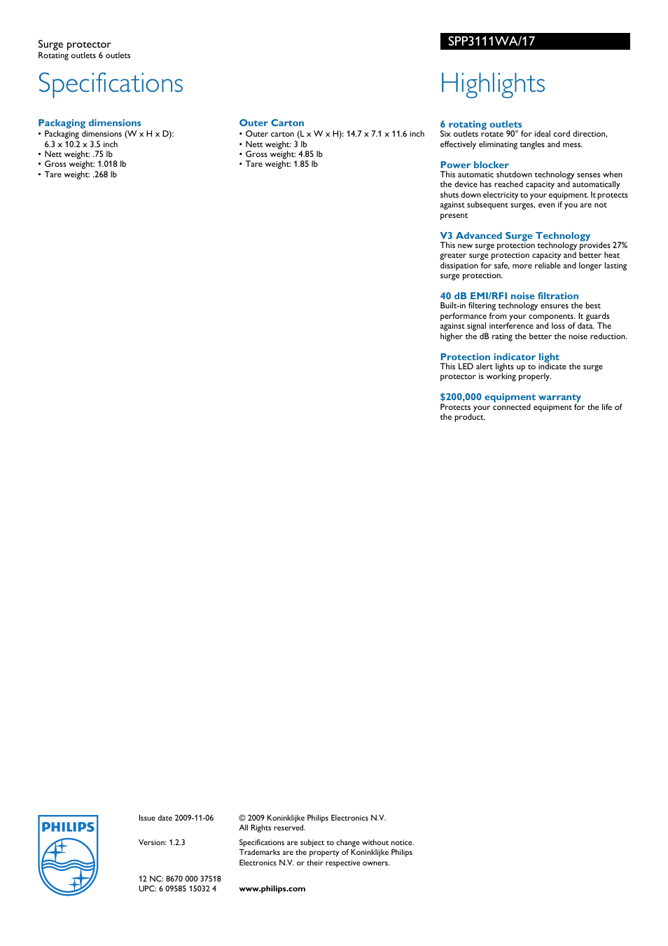 Specifications, Highlights | Philips SPP3111WA-17 User Manual | Page 2 / 2