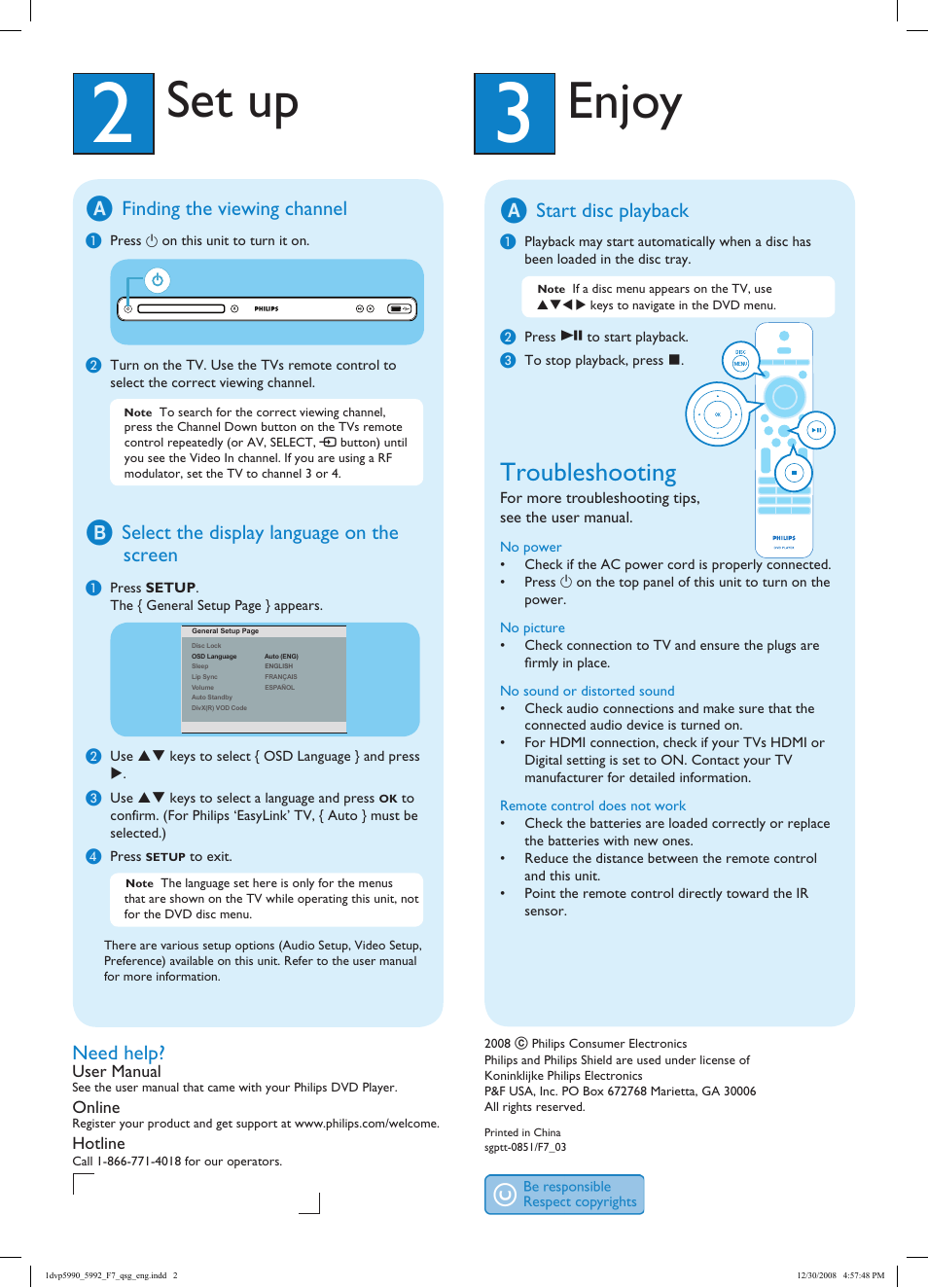 Enjoy, Set up, Troubleshooting | Finding the viewing channel, Select the display language on the screen, Start disc playback, Need help | Philips DVP5990-F7E User Manual | Page 2 / 2