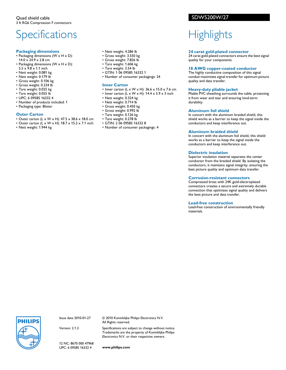 Specifications, Highlights | Philips SDW5200W-27 User Manual | Page 2 / 2