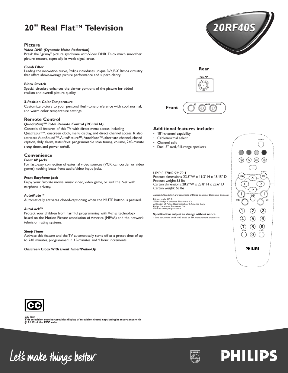20rf40s, 20 " real flat, Television | Philips 20RF40S User Manual | Page 2 / 2