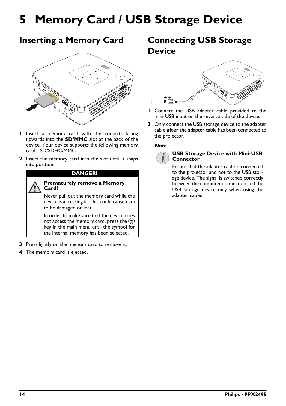 5 memory card / usb storage device, Connecting usb storage device | Philips PicoPix Pocket projector PPX2495 100 lumens with MP4 player User Manual | Page 14 / 27