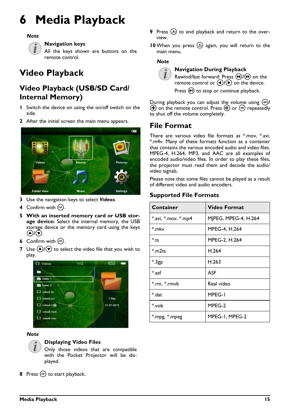 6 media playback, Video playback, File format | Philips PicoPix Pocket projector PPX2495 100 lumens with MP4 player User Manual | Page 15 / 27