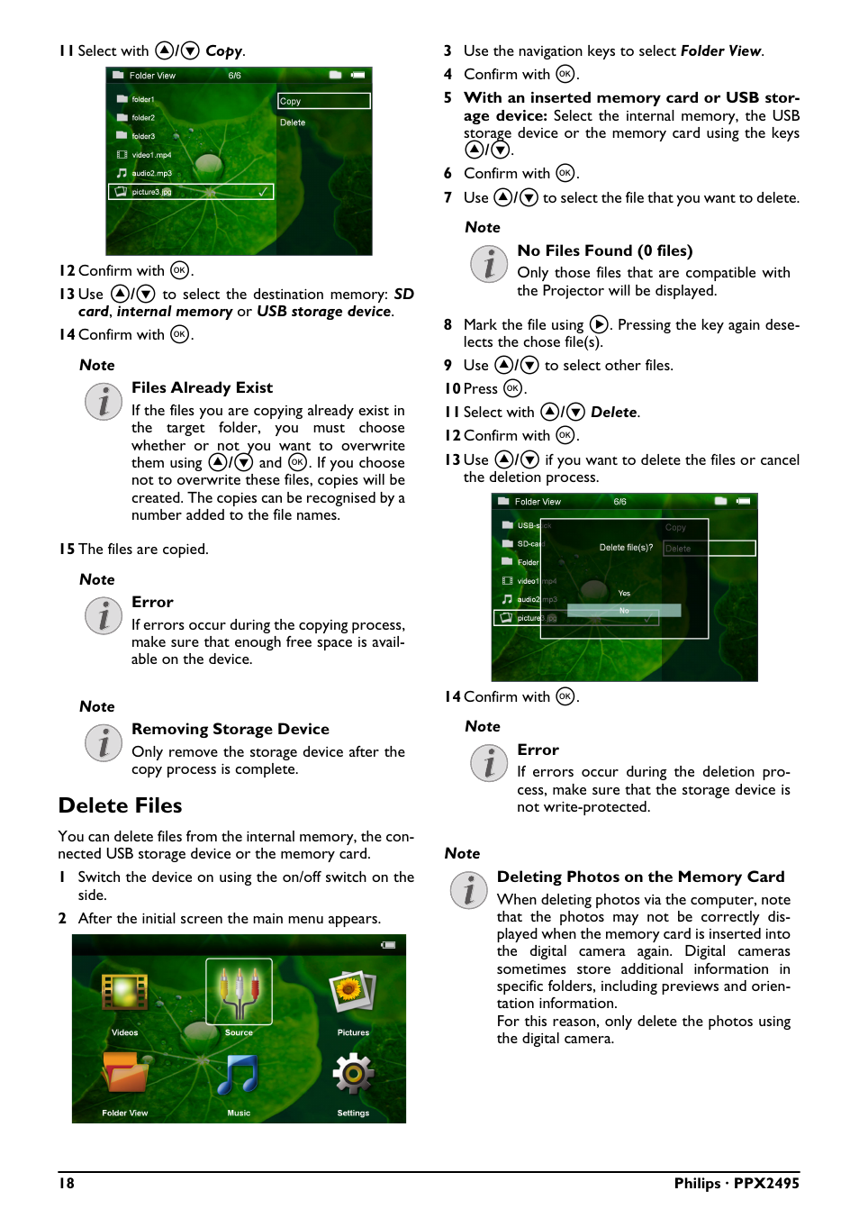 Delete files | Philips PicoPix Pocket projector PPX2495 100 lumens with MP4 player User Manual | Page 18 / 27