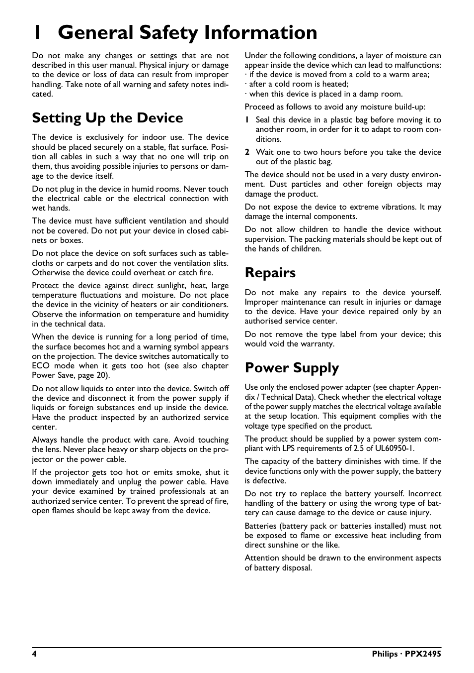 1 general safety information, Setting up the device repairs power supply, Setting up the device | Repairs, Power supply | Philips PicoPix Pocket projector PPX2495 100 lumens with MP4 player User Manual | Page 4 / 27