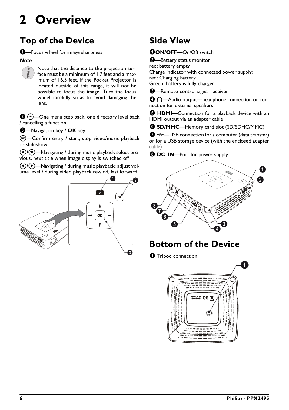 2 overview, Top of the device side view bottom of the device, Top of the device | Side view, Bottom of the device | Philips PicoPix Pocket projector PPX2495 100 lumens with MP4 player User Manual | Page 6 / 27