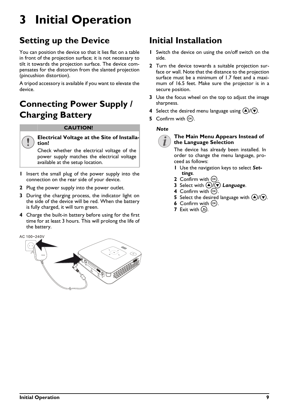 3 initial operation, Setting up the device, Connecting power supply / charging battery | Initial installation | Philips PicoPix Pocket projector PPX2495 100 lumens with MP4 player User Manual | Page 9 / 27