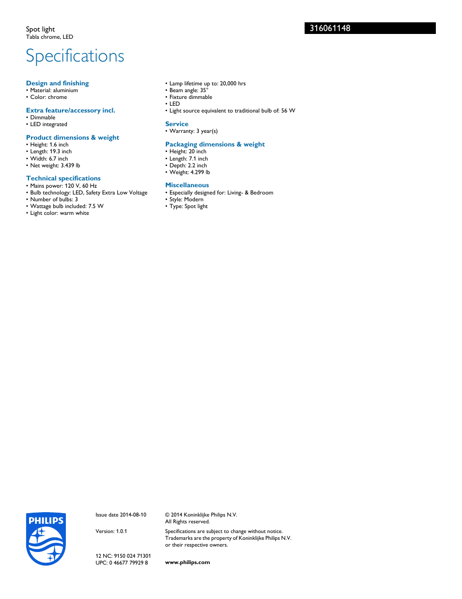 Specifications | Philips 316061148 User Manual | Page 3 / 3