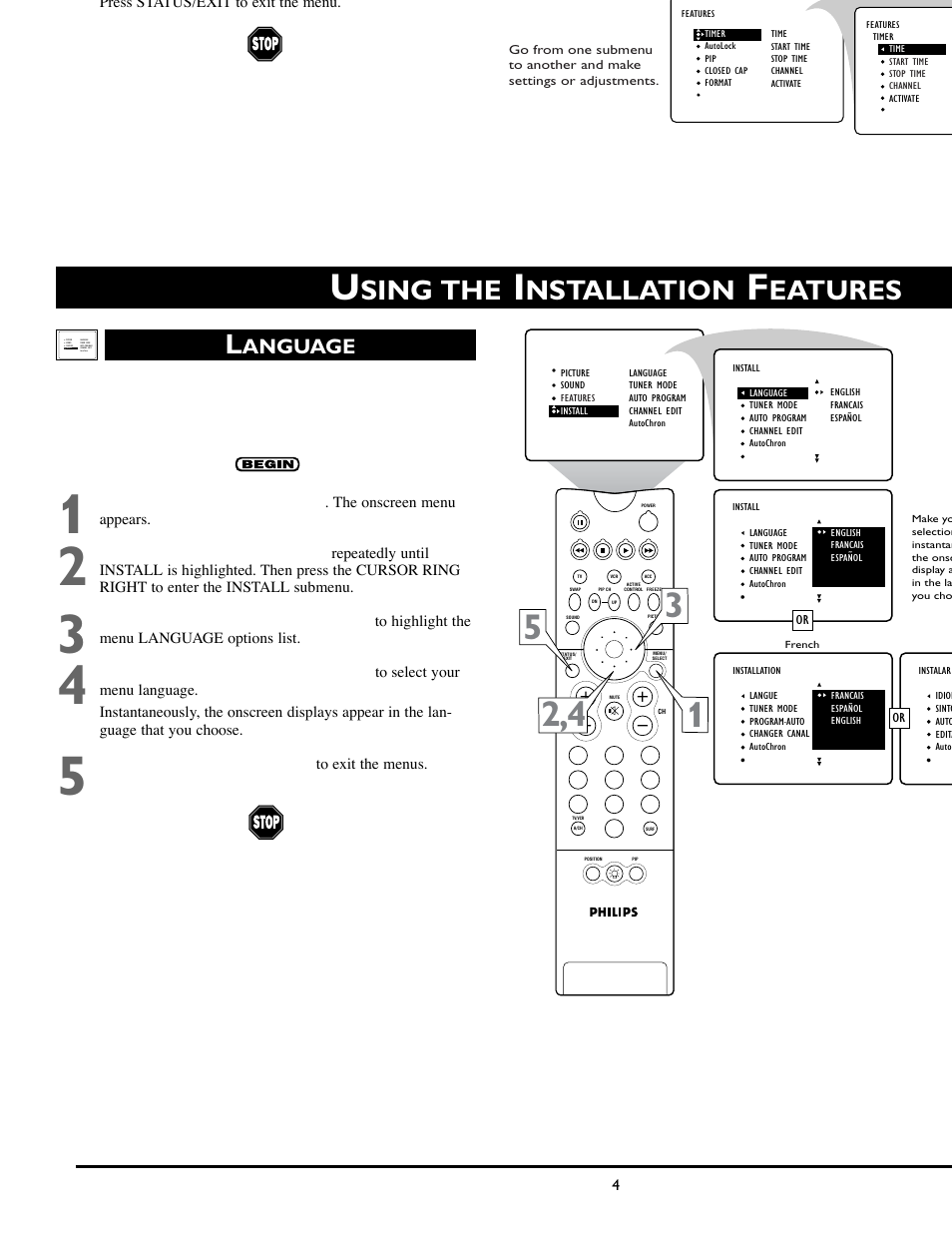 Sing the, Nstallation, Eatures l | Anguage | Philips 55PW9383 User Manual | Page 4 / 8